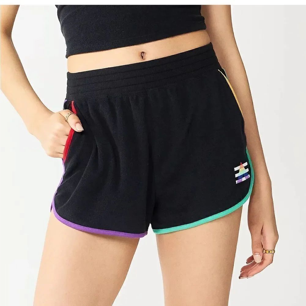 NWT New SO Dolphin Boyfriend Pride Hi Rise Athletic Shorts Black Rainbow Trim L